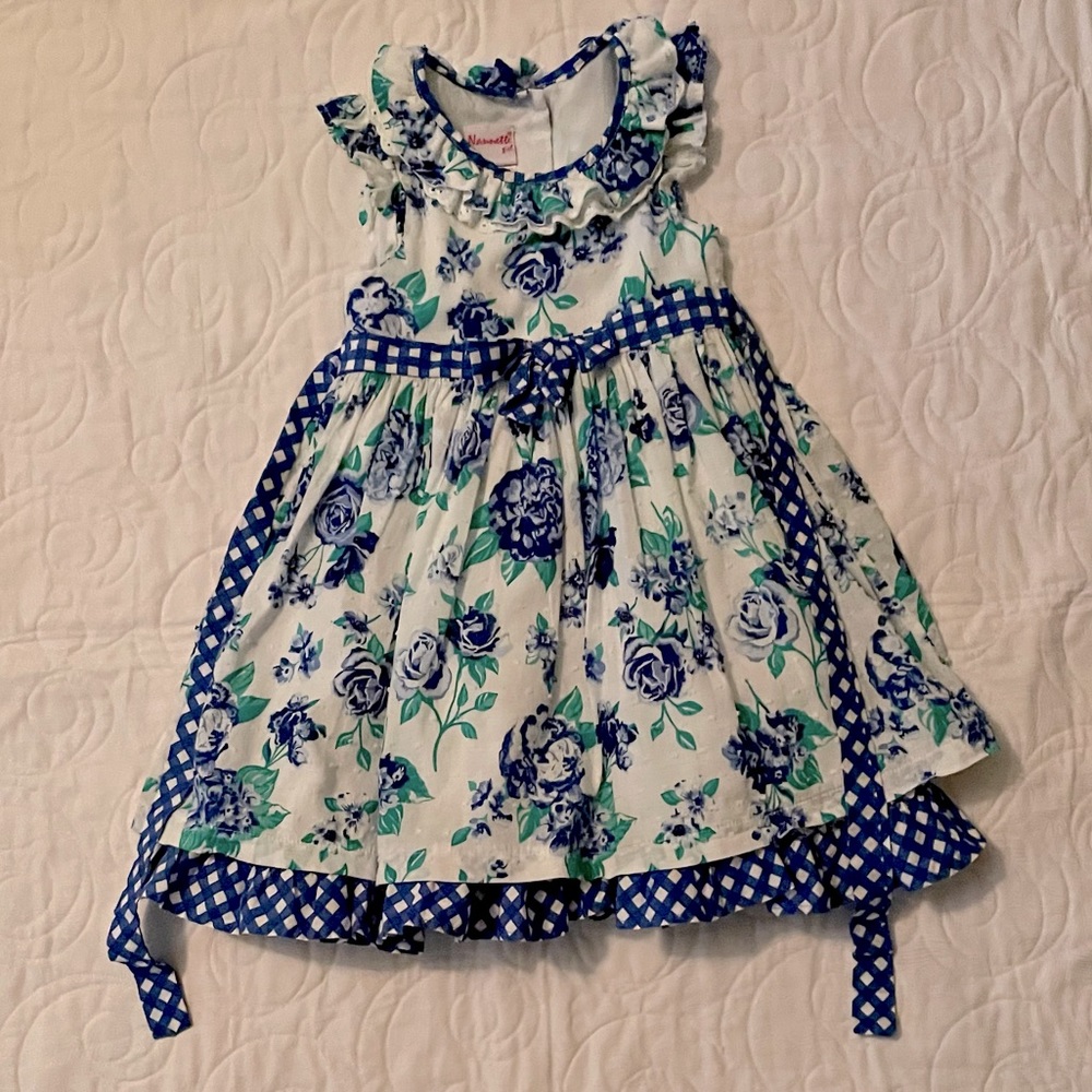 🔖Ruffle Dress Ruffle 4t Sleeve Blue White Floral - Picture 2 of 7